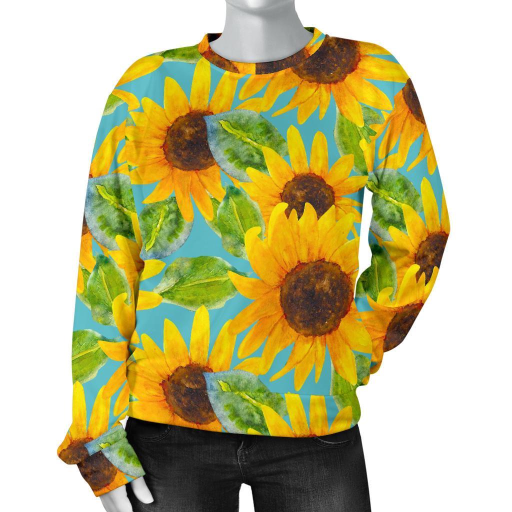 Blue Watercolor Sunflower Pattern Print Women's Crewneck Sweatshirt GearFrost