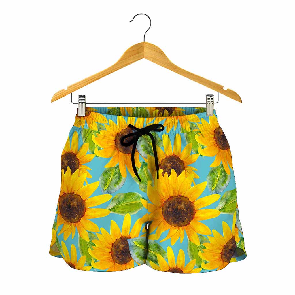 Blue Watercolor Sunflower Pattern Print Women's Shorts