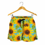 Blue Watercolor Sunflower Pattern Print Women's Shorts