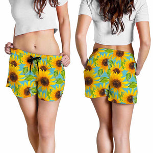 Blue Watercolor Sunflower Pattern Print Women's Shorts