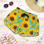 Blue Watercolor Sunflower Pattern Print Women's Shorts