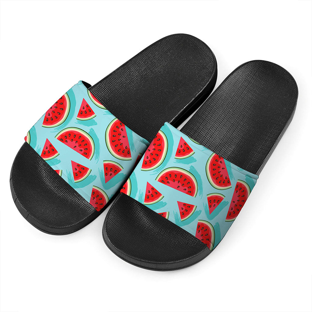 Blue Watermelon Pieces Pattern Print Black Slide Sandals