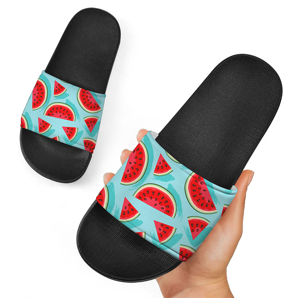 Blue Watermelon Pieces Pattern Print Black Slide Sandals