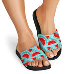 Blue Watermelon Pieces Pattern Print Black Slide Sandals
