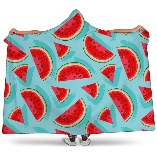 Blue Watermelon Pieces Pattern Print Hooded Blanket