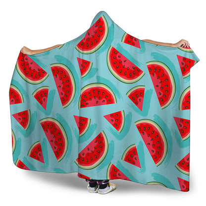 Blue Watermelon Pieces Pattern Print Hooded Blanket