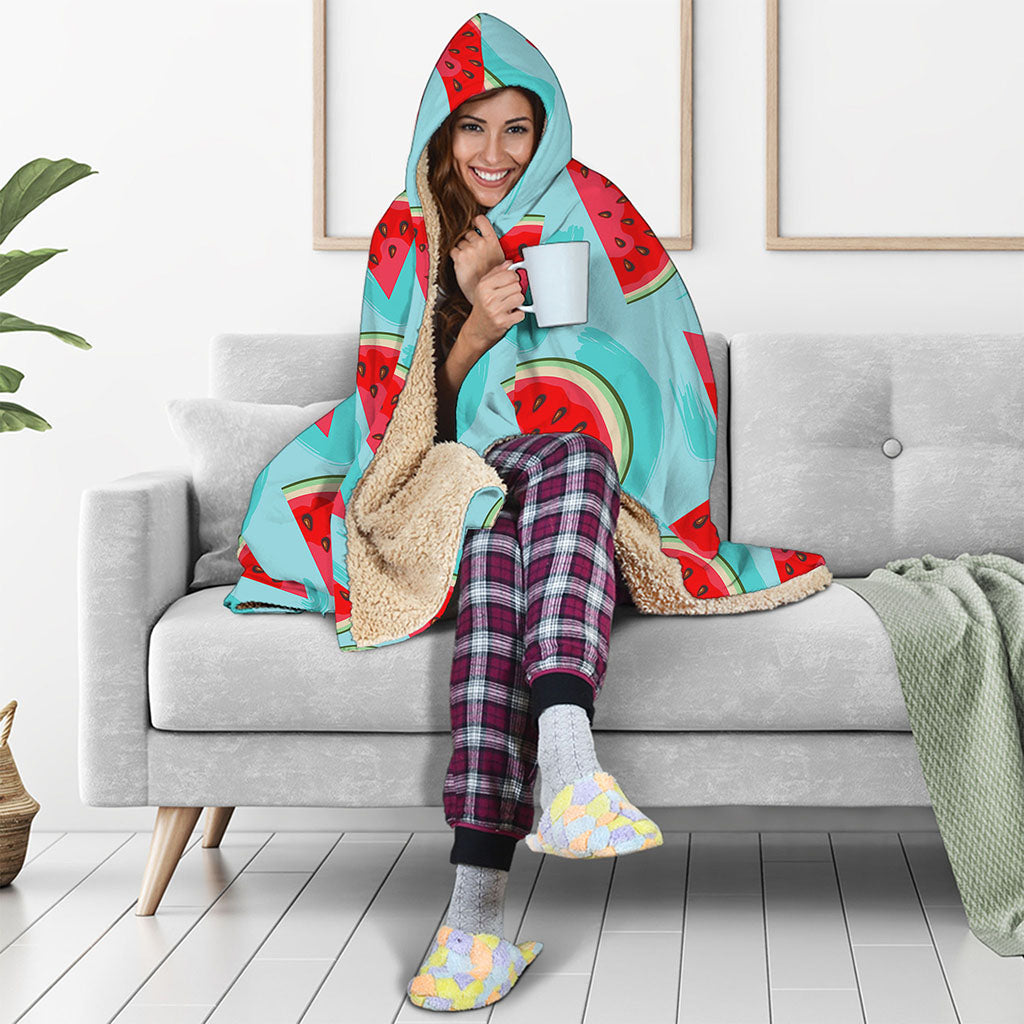 Blue Watermelon Pieces Pattern Print Hooded Blanket