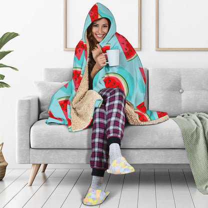 Blue Watermelon Pieces Pattern Print Hooded Blanket