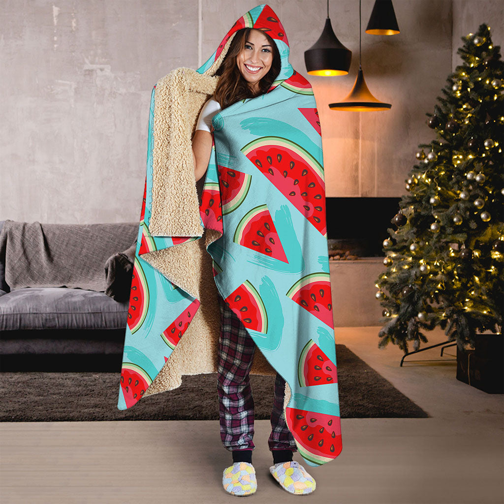 Blue Watermelon Pieces Pattern Print Hooded Blanket