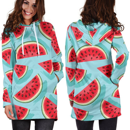 Blue Watermelon Pieces Pattern Print Hoodie Dress GearFrost