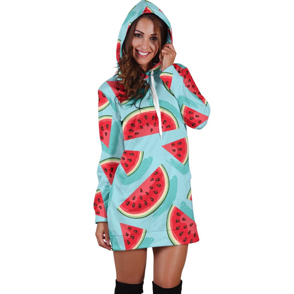 Blue Watermelon Pieces Pattern Print Hoodie Dress GearFrost