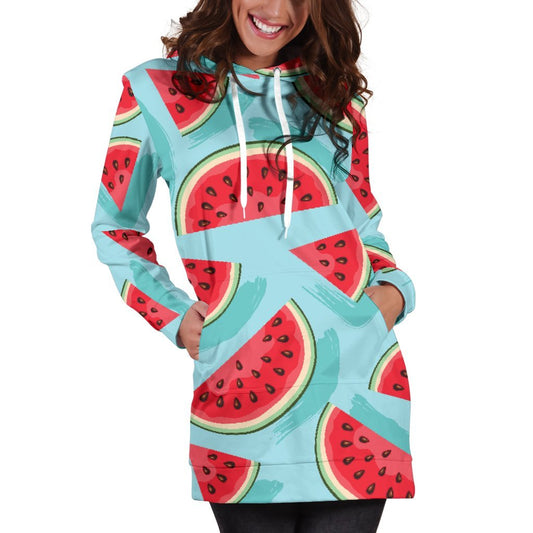 Blue Watermelon Pieces Pattern Print Hoodie Dress GearFrost