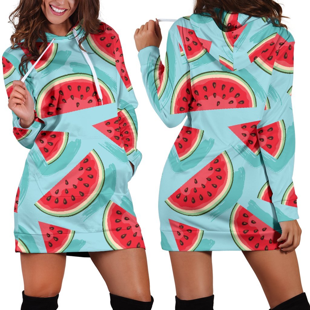 Blue Watermelon Pieces Pattern Print Hoodie Dress GearFrost