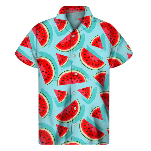 Blue Watermelon Pieces Pattern Print Men's Short Sleeve Shirt