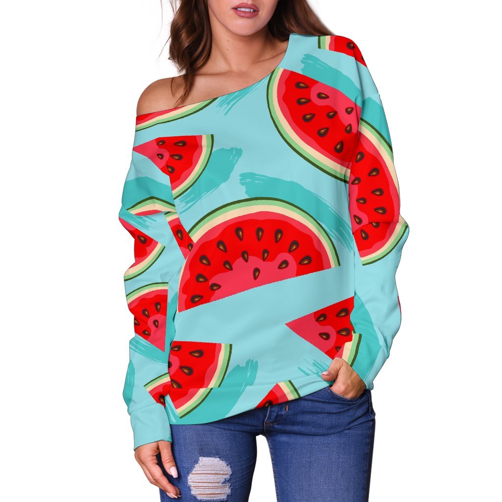 Blue Watermelon Pieces Pattern Print Off Shoulder Sweatshirt GearFrost