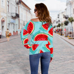 Blue Watermelon Pieces Pattern Print Off Shoulder Sweatshirt GearFrost