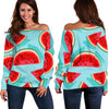 Blue Watermelon Pieces Pattern Print Off Shoulder Sweatshirt GearFrost