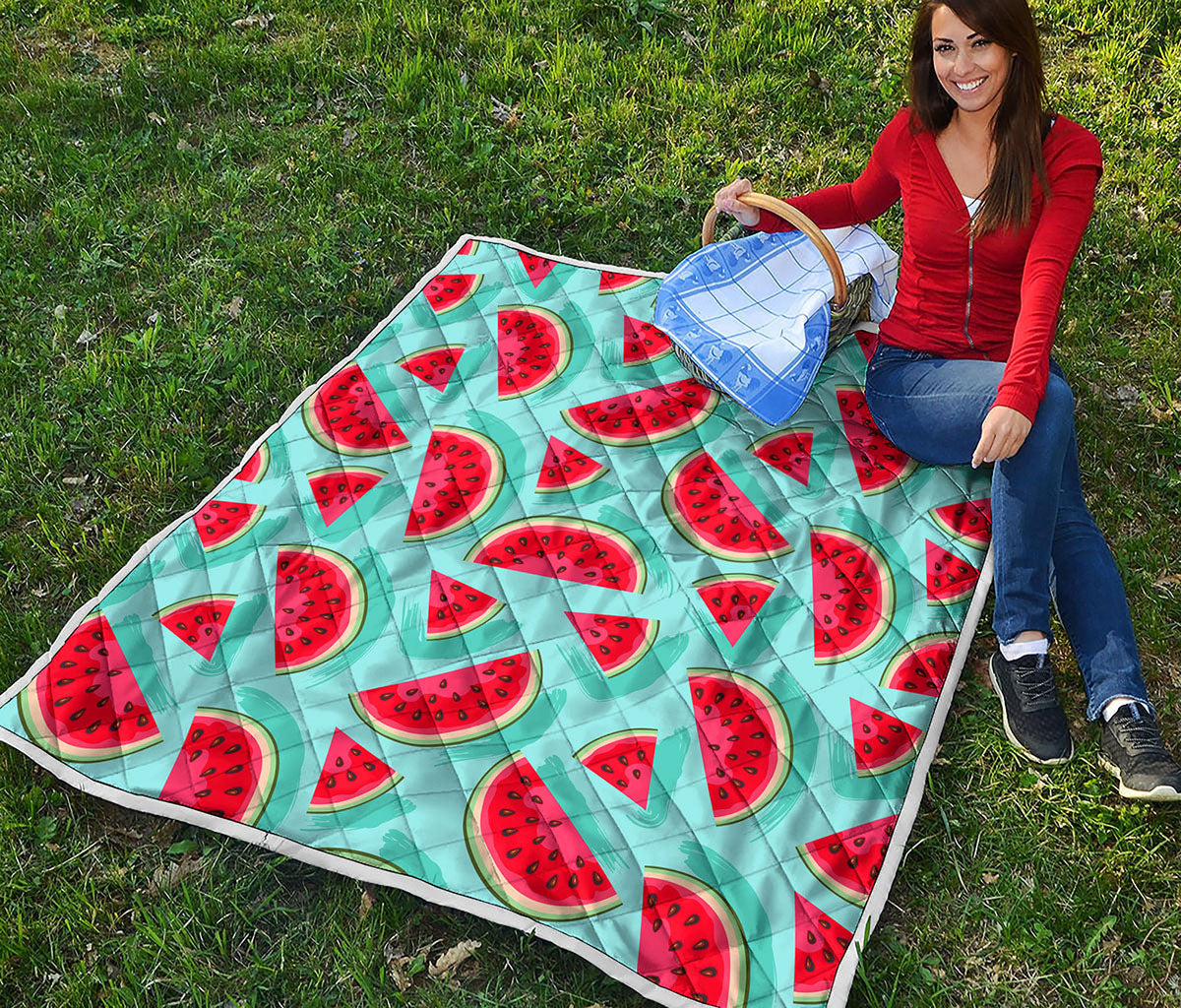 Blue Watermelon Pieces Pattern Print Quilt