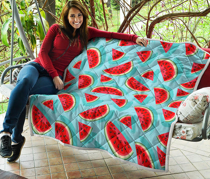 Blue Watermelon Pieces Pattern Print Quilt