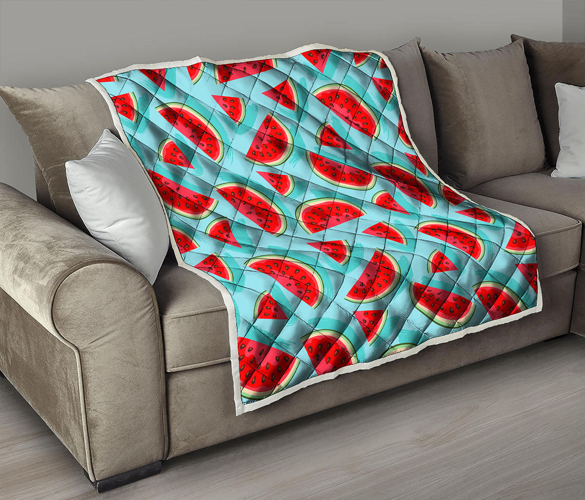 Blue Watermelon Pieces Pattern Print Quilt