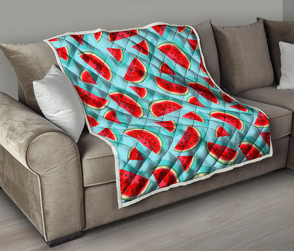 Blue Watermelon Pieces Pattern Print Quilt
