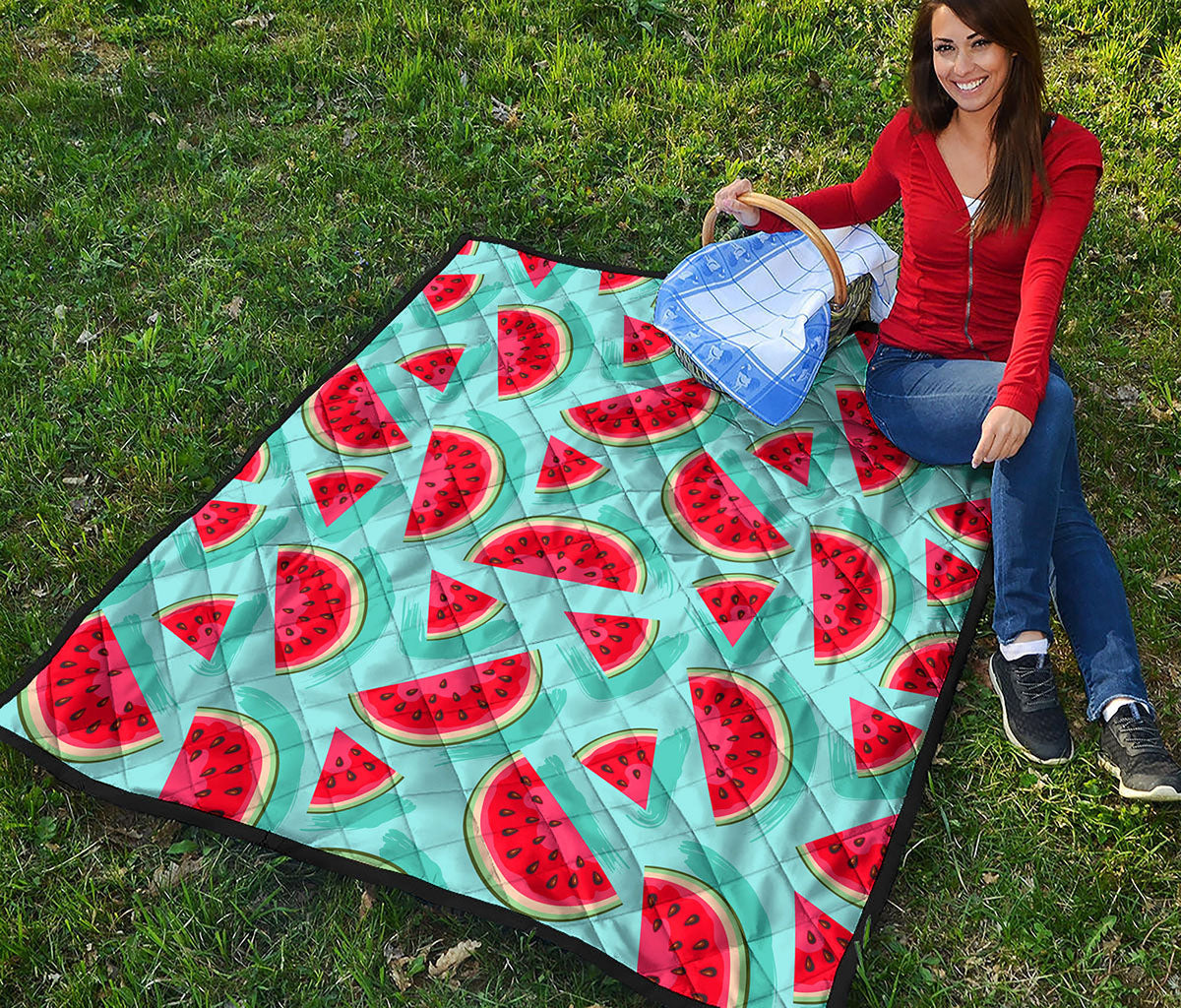 Blue Watermelon Pieces Pattern Print Quilt