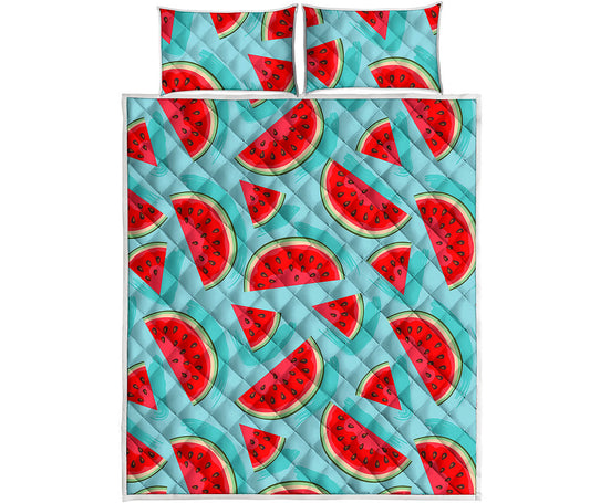 Blue Watermelon Pieces Pattern Print Quilt Bed Set