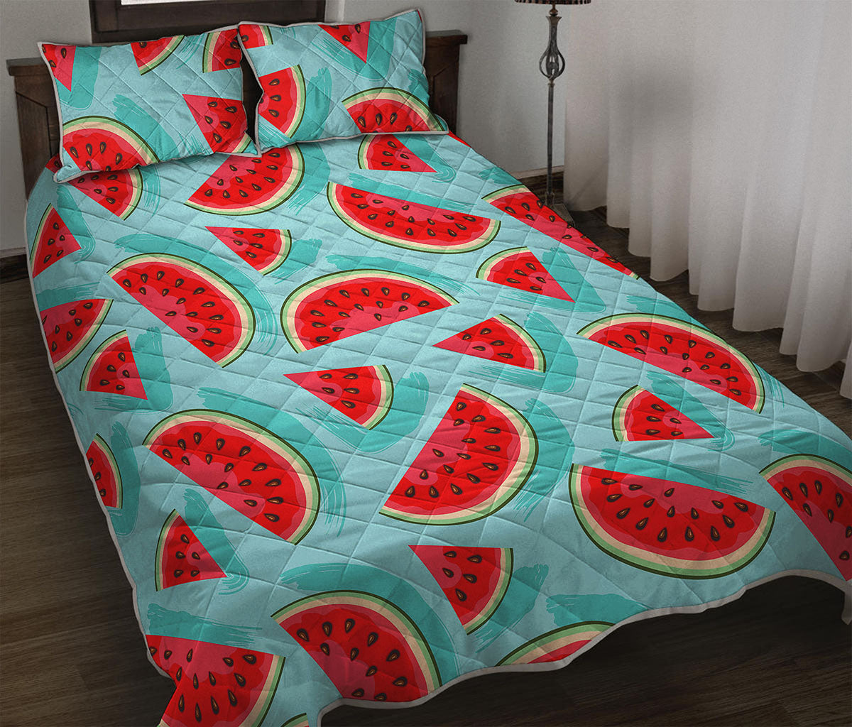 Blue Watermelon Pieces Pattern Print Quilt Bed Set