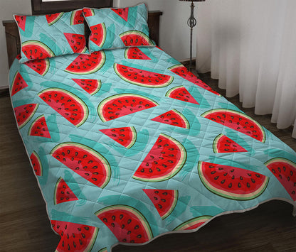 Blue Watermelon Pieces Pattern Print Quilt Bed Set