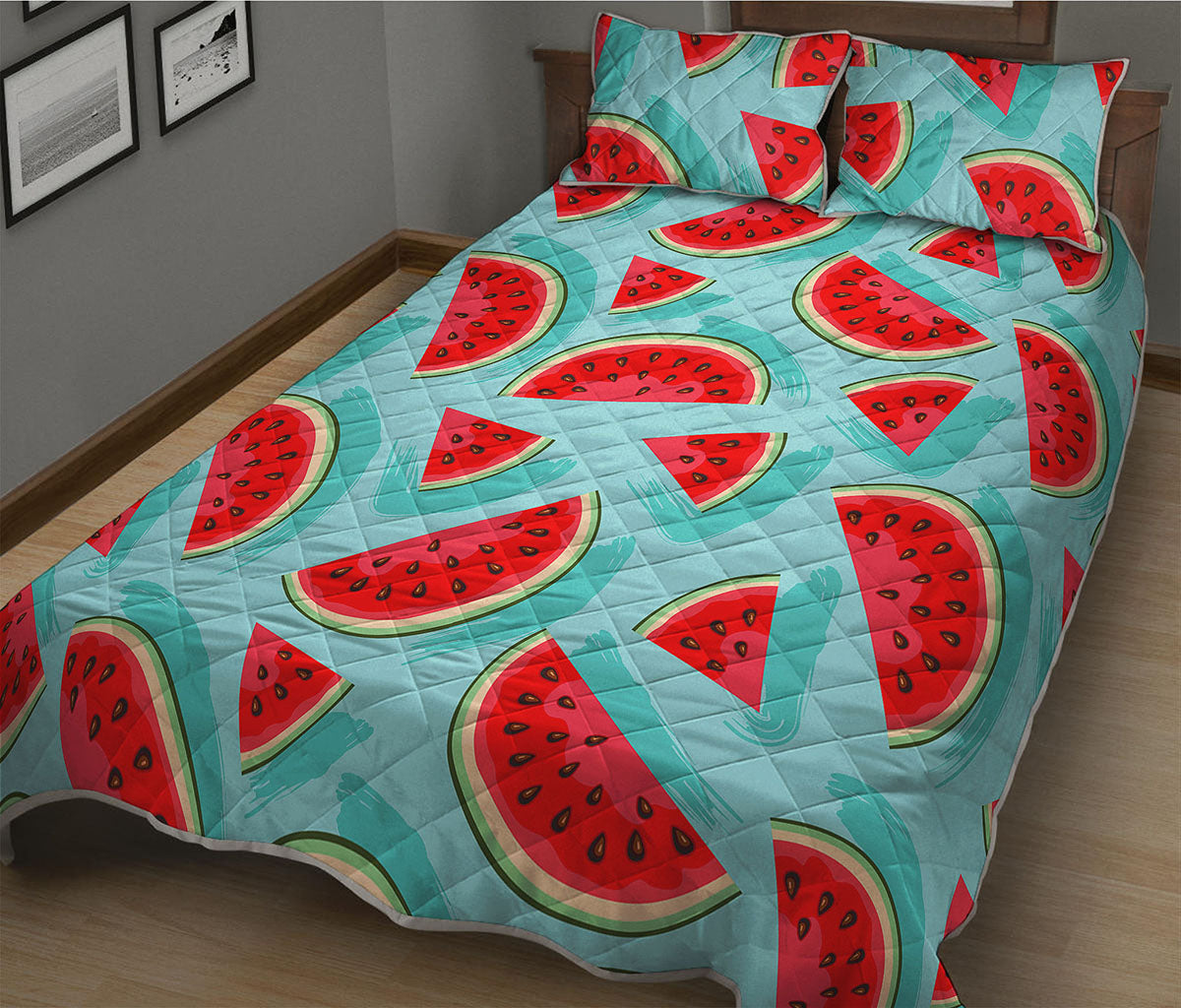 Blue Watermelon Pieces Pattern Print Quilt Bed Set
