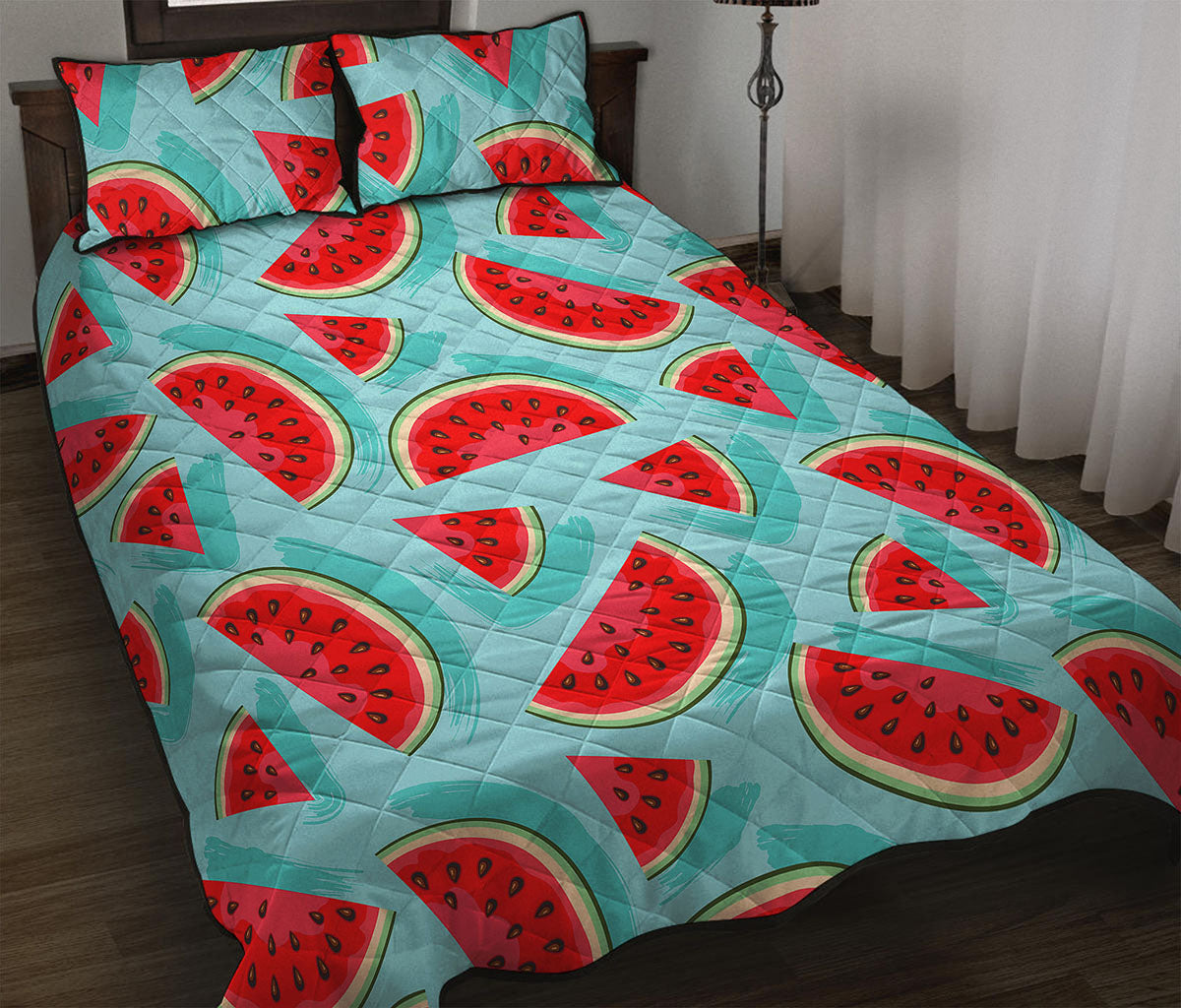 Blue Watermelon Pieces Pattern Print Quilt Bed Set