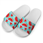 Blue Watermelon Pieces Pattern Print White Slide Sandals