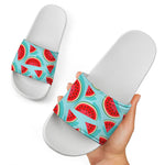 Blue Watermelon Pieces Pattern Print White Slide Sandals