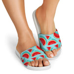 Blue Watermelon Pieces Pattern Print White Slide Sandals