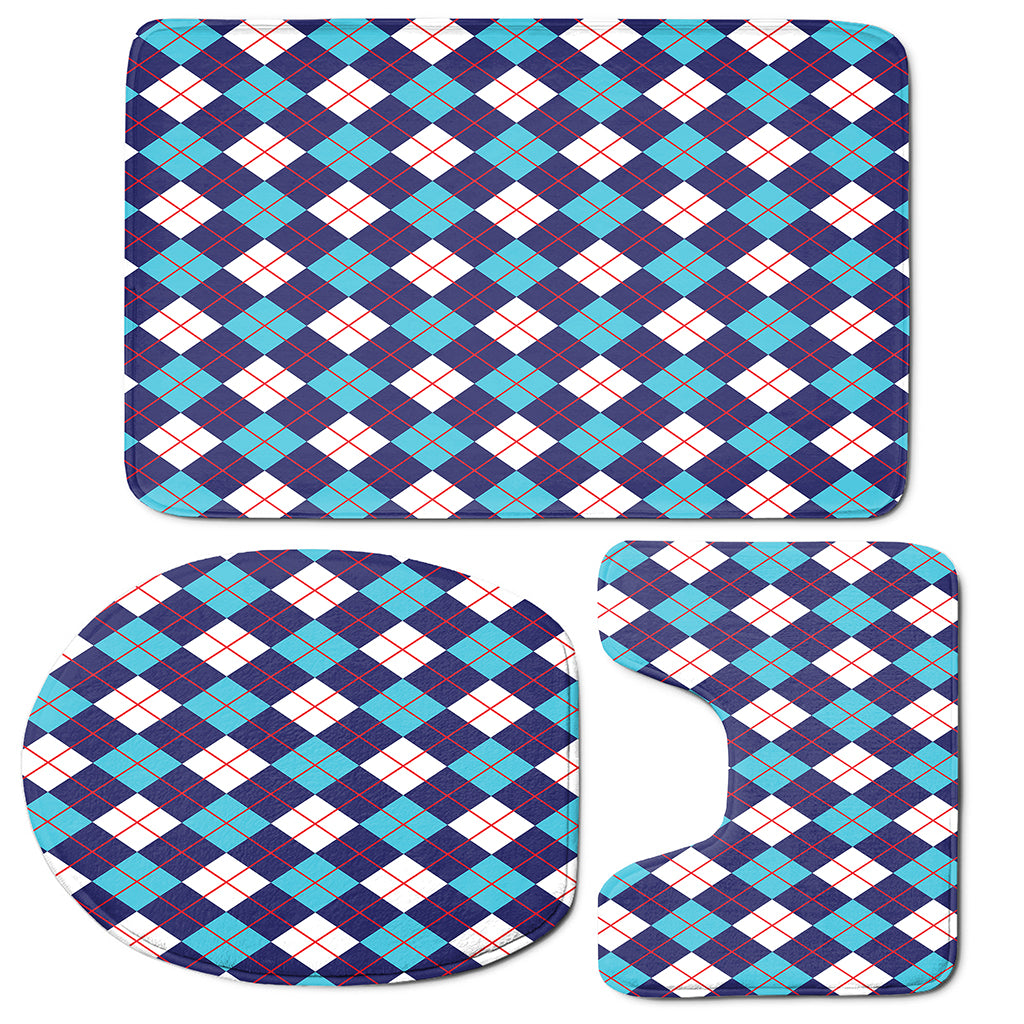 Blue White And Red Argyle Pattern Print 3 Piece Bath Mat Set