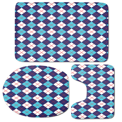 Blue White And Red Argyle Pattern Print 3 Piece Bath Mat Set