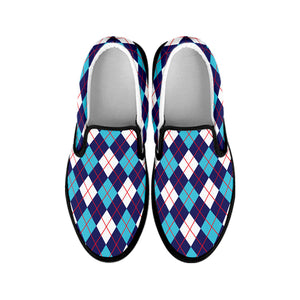 Blue White And Red Argyle Pattern Print Black Slip On Shoes