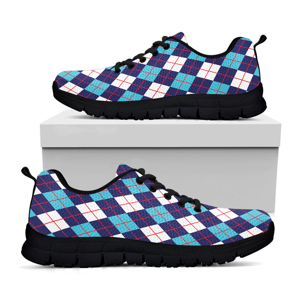 Blue White And Red Argyle Pattern Print Black Sneakers