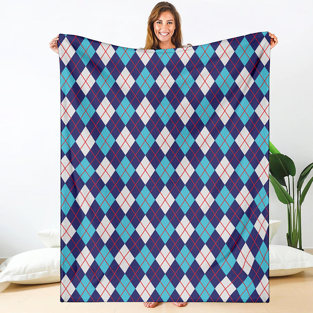 Blue White And Red Argyle Pattern Print Blanket