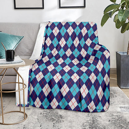Blue White And Red Argyle Pattern Print Blanket