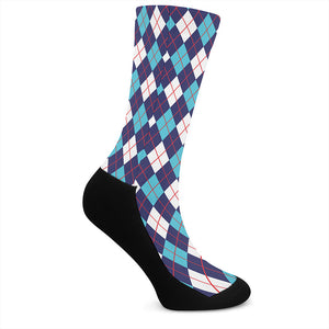 Blue White And Red Argyle Pattern Print Crew Socks