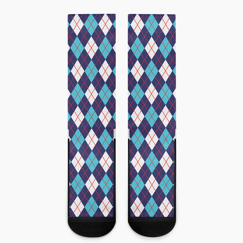 Blue White And Red Argyle Pattern Print Crew Socks