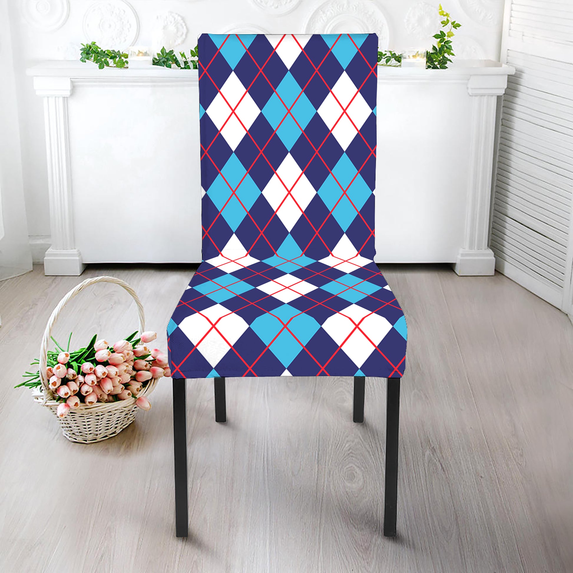 Blue White And Red Argyle Pattern Print Dining Chair Slipcover