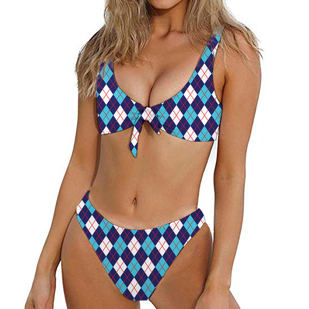 Blue White And Red Argyle Pattern Print Front Bow Tie Bikini