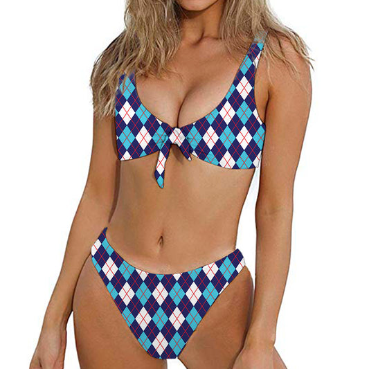 Blue White And Red Argyle Pattern Print Front Bow Tie Bikini