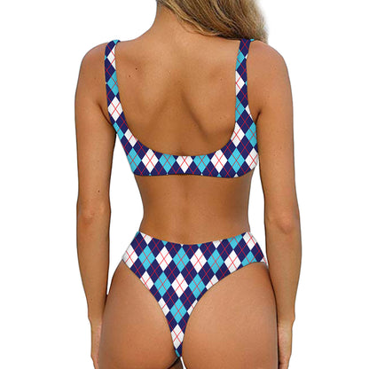 Blue White And Red Argyle Pattern Print Front Bow Tie Bikini