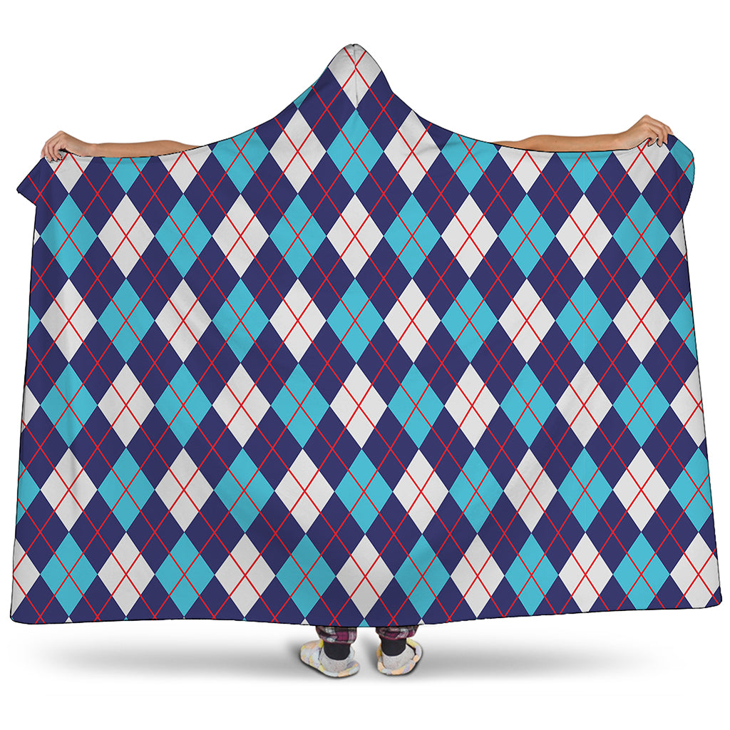 Blue White And Red Argyle Pattern Print Hooded Blanket