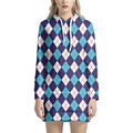 Blue White And Red Argyle Pattern Print Pullover Hoodie Dress