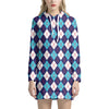 Blue White And Red Argyle Pattern Print Hoodie Dress