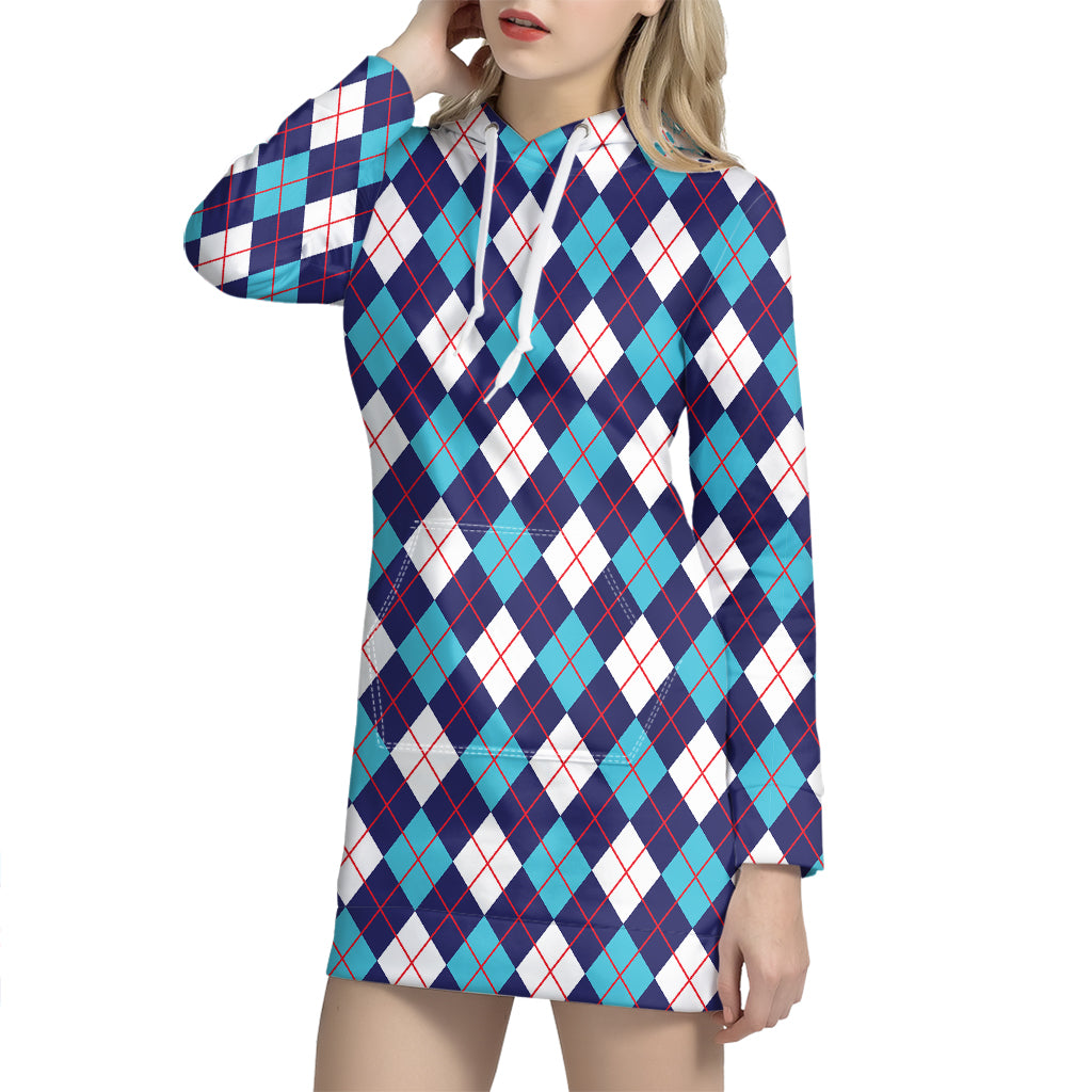 Blue White And Red Argyle Pattern Print Hoodie Dress